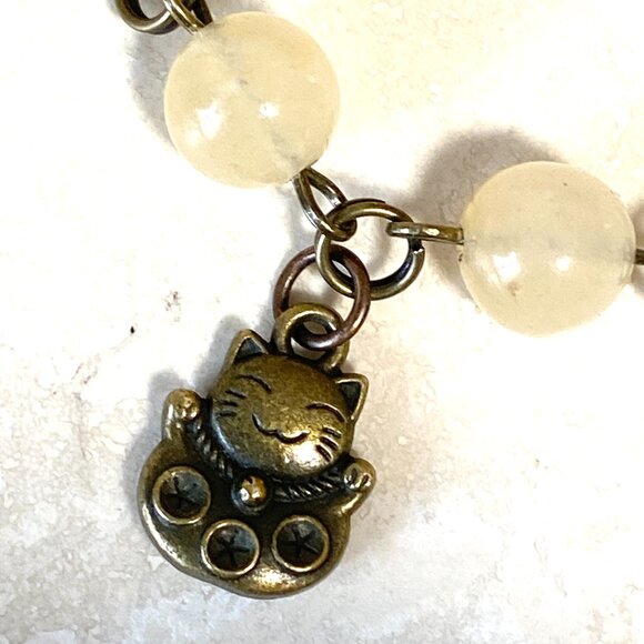 Natural Yellow Aventurine Necklace, Bronze Fortune Cat + Genuine Gemstone Choker - Picture 6 of 14